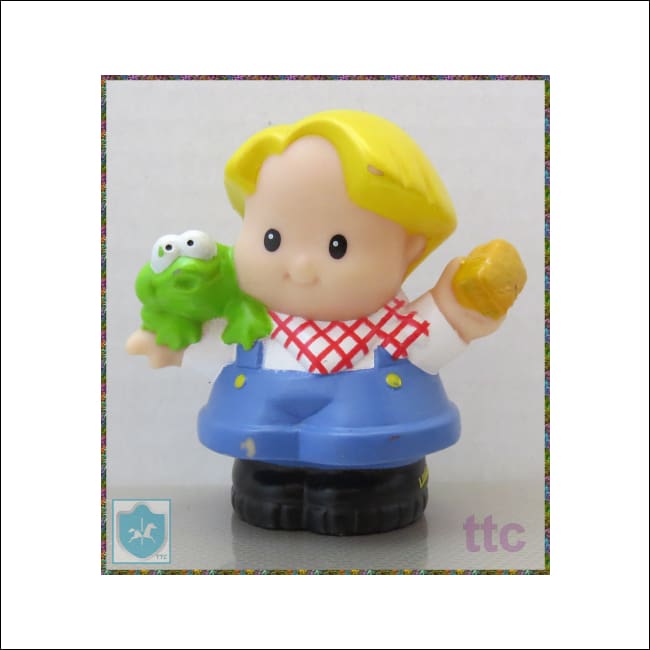 2001 Fisher-Price Little People - blond boy w frog and red white scarf - Toffey's Treasure Chest