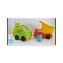 Vintage Fisher Price Little People - Construction Orange 2 X Truck And Worker Lot - Fp