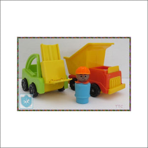 Vintage Fisher Price Little People - Construction Orange 2 X Truck And Worker Lot - Fp
